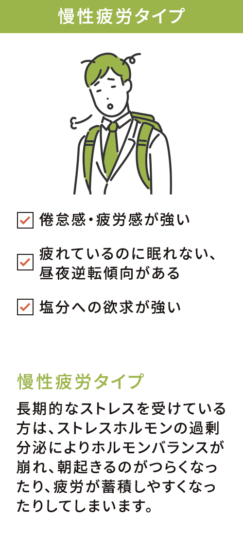 慢性疲労タイプ 倦怠感・疲労感が強い 疲れているのに眠れない、昼夜逆転傾向がある 塩分への欲求が強い